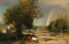 Oil painting circa 1880-1900 depicting rural street scene with children, cows, and rainbow by American artist Seymour Joseph Guy.