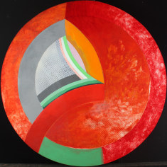 Image of Jack Wolfe's untitled abstract tondo painting in reds, grays, orange and green.