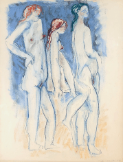 Image of Hans Burkhardt's untitled 1972 pastel of three female nudes, two standing and one seated.