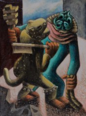 Image of abstract oil painting by Julio De Diego titled &quot;Tlaloc and the Tiger&quot; showing two beast-like figures with clubs.