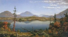 Image of Levi Wells Prentice's sold painting of a fall landscape and lake in the Adirondacks.