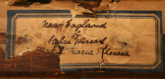 Closeup image of label verso fragment on &quot;New England&quot; painting by Stefan Hirsch.