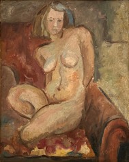 Image of oil painting showing the artist's wife nude and sitting on folded legs in a chair by Hans Burkhardt.