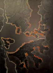 Image of Stanley Twardowicz's abstract oil painting #4 done in pewter, black and oranges.