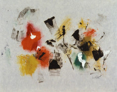 Image of abstract mixed media untitled painting by John Von Wicht done in red, yellow, green black and white.