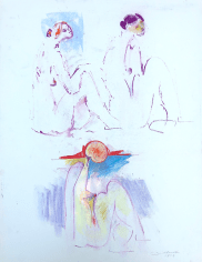 Image of abstract untitled pastel depicting three seated female nudes by Hans Burkhardt.