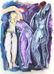 Image of untitled 1974 pastel of three abstract standing female nudes by Hans Burkhardt.