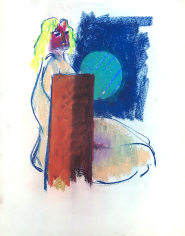 Image of an untitled 1972 Hans Burkhardt pastel depicting a nude sitting on the ground between a red post and a blue background.