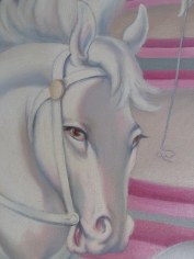 Closeup detail of horse's face in &quot;Circus Scene&quot; painting by Clarence Holbrook Carter.