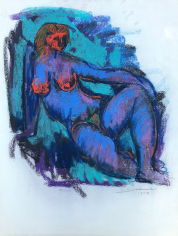 Untitled 1972 blue, purple and red pastel of seated female nude by Hans Burkhardt.