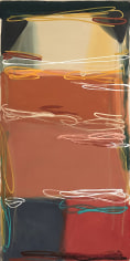 Image of abstract acrylic painting by Larry Zox entitled "Red Hot" showing bands of color blocks with thin accents in white, turquoise, orange, cream and yellow.