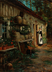 Image of Henry Bacon's 1881 oil painting entitled &quot;Beekeeper's Daughter&quot; showing a young girl in old fashioned dress, apron and cap standing outside a door. In the foreground several bee skeps and flower pots sit on shelves outside the building.