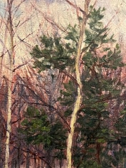 Closeup detail image of a fir tree in the painting &quot;Village in Winter&quot; by John Leslie Breck.
