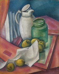 Image of Henry Lee McFee's sold cubist oil painting of a white pitcher, green jar and fruit.