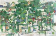 Image of sold Carl Holty untitled abstract oil painting circa 1947 in greens and cream with some reds and blues.