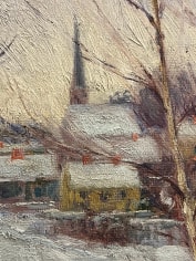 Closeup detail image of a church in the distance of the painting &quot;Village in Winter&quot; by John Leslie Breck.