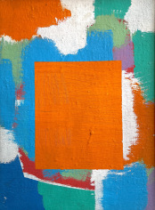 Image of a sold untitled abstract Carl Holty oil painting of blues, greens, whites with a bright orange square in the center.