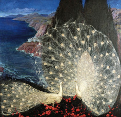 Image of sold Jessie Arms Botke oil painting entitled &quot;The Challenge&quot; showing two white peacocks, one with their tail feathers fully extended.