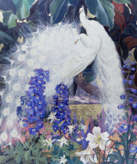 Image of Jessie Arms Botke's sold painting &quot;White Peacocks&quot; showing two white peacocks in a lush garden setting.