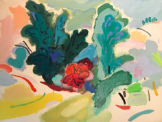 Image of Naohiko Inukai untitled mixed media artwork on paper showing an abstract landscape of greens, blues, and reds.