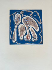 Untitled 1973 abstract lithograph by Hans Burkhardt in blues, beige and red.