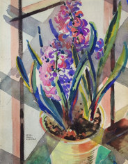 Image of Jessie Bone Charman's still life painting of a pink and purple hyacinth in a yellow pot.