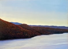 Image of sold oil painting entitled Dusk by Tom Yost showing a fall hillside next to a river.