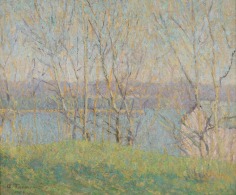 Image of sold impressionistic oil painting by Allen Tucker of a cabin by the lake in early spring.