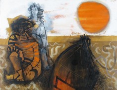 Image of Byron Browne oil painting On the Beach (1959) showing two figures, one sitting and one kneeling next to a boat pulled up on the shore, with a orange sun setting in the distance.