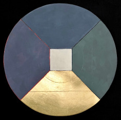 Image of Mary Obering 1983 tondo painting. with white square center, and four equal sections  in blues, green and gold