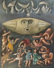 Image of oil painting entitled &quot;Lords of the Sky&quot; by Julio de Diego showing figures holding strings to a dirigible-like airship with a face.