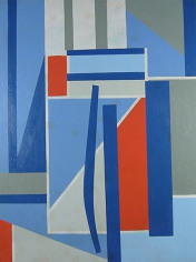 Image of Carl Holty untitled sold abstract painting circa 1941 in blues, grays and red.