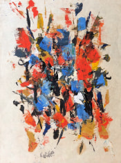 Image of sold mixed media John Von Wicht untitled painting in reds, black, golden yellow, blue and white.