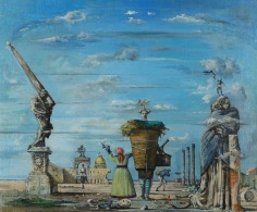 Image of sold oil painting by Eugene Berman of an Imaginary View of Rome in the Time of Lorenzo Bernini.