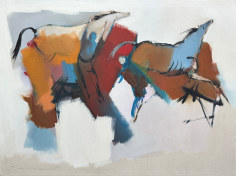 Image of Walter Quirt's painting &quot;The Chase&quot; showing two abstract horses running at Caldwell Gallery Hudson.