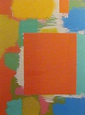 Image of sold oil painting by Carl Holty of abstraction in blues, greens, yellows and aqua with a orange square in center.