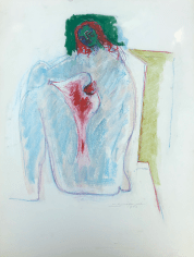 Untitled 1972 pastel of seated nude abstraction with red hair and a green face by Hans Burkhardt.