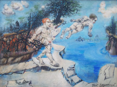 Image of Philip Evergood's painting &quot;Lure of the Waters&quot; showing two naked men diving off rocks into a lake, on sale at Caldwell Gallery Hudson.