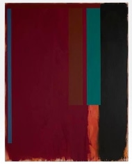 Abstract painting in burgundy, green, blue, brown and black