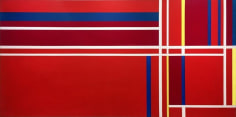 Red, blue, yellow and white abstract painting on a rectangular canvas
