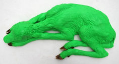 Carsten H&ouml;ller. Reindeer, 2009. Luminous green colored polyurethane, deer hoof, blue glass eyes, 10 x 28 x 56 cm. &copy; Carsten H&ouml;ller. Courtesy the artist and Gagosian Gallery.