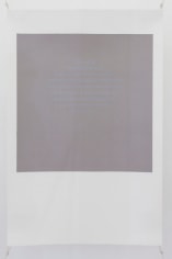 A photograph of a silkscreen on paper. The shape resembles a polaroid (white space on the bottom and a white frame around a central grey space). The grey space in the middle of the work has text in faint blue letters, illegible from a distance.