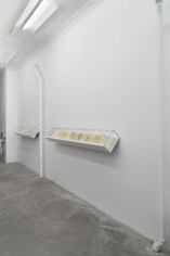 A photograph of the 124 Forsyth gallery, with 2 vitrines containing leporellos by Etel Adnan on the right side of the gallery