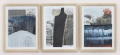 A series of three works in natural wood frames, installed in a straight line. Each work utilizes an identical image of a young boy standing in formal clothing next to a female face. Each work has been abstracted by a mass of white, black or grey paint in various ways.