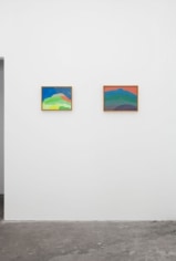 A photograph of 2 framed abstract landscapes installed on the wall