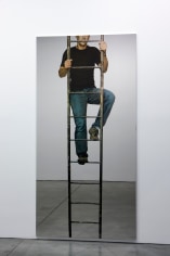 Michelangelo Pistoletto,&nbsp;Uomo che sale la scala a pioli (Man climbing the ladder),&nbsp;2008, silkscreen print on mirror-polished stainless steel,&nbsp;98 3/8 x 49 1/4 inches