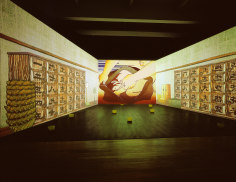 Tabaimo, Japanese Bathhouse, 2000, three-channel video installation (color, sound), yellow bath bowls, and synchronizer, dimensions variable, 7:34 min.
