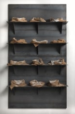 Jannis Kounellis,&nbsp;Untitled,&nbsp;1999,&nbsp;plates, iron shelves, bags and plaster,&nbsp;142 x 79 x 22 inches, &nbsp;