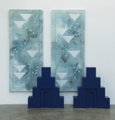 (Background)&nbsp;Kamrooz Aram,&nbsp;Untitled, 2017, (Foreground) Kamrooz Aram,&nbsp;Ancient Blue Ornament, 2017