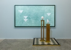 Kamrooz Aram, A Monument for Living in Defeat, 2016, Oil, wax and pencil on canvas, terrazzo and brass on panel, solid walnut and brass pedestals, soapstone and alabaster, Dimensions variable